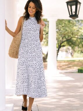 Gibson High Neck, Back Tie Sleeveless Black/White Printed Maxi Dress, party, M